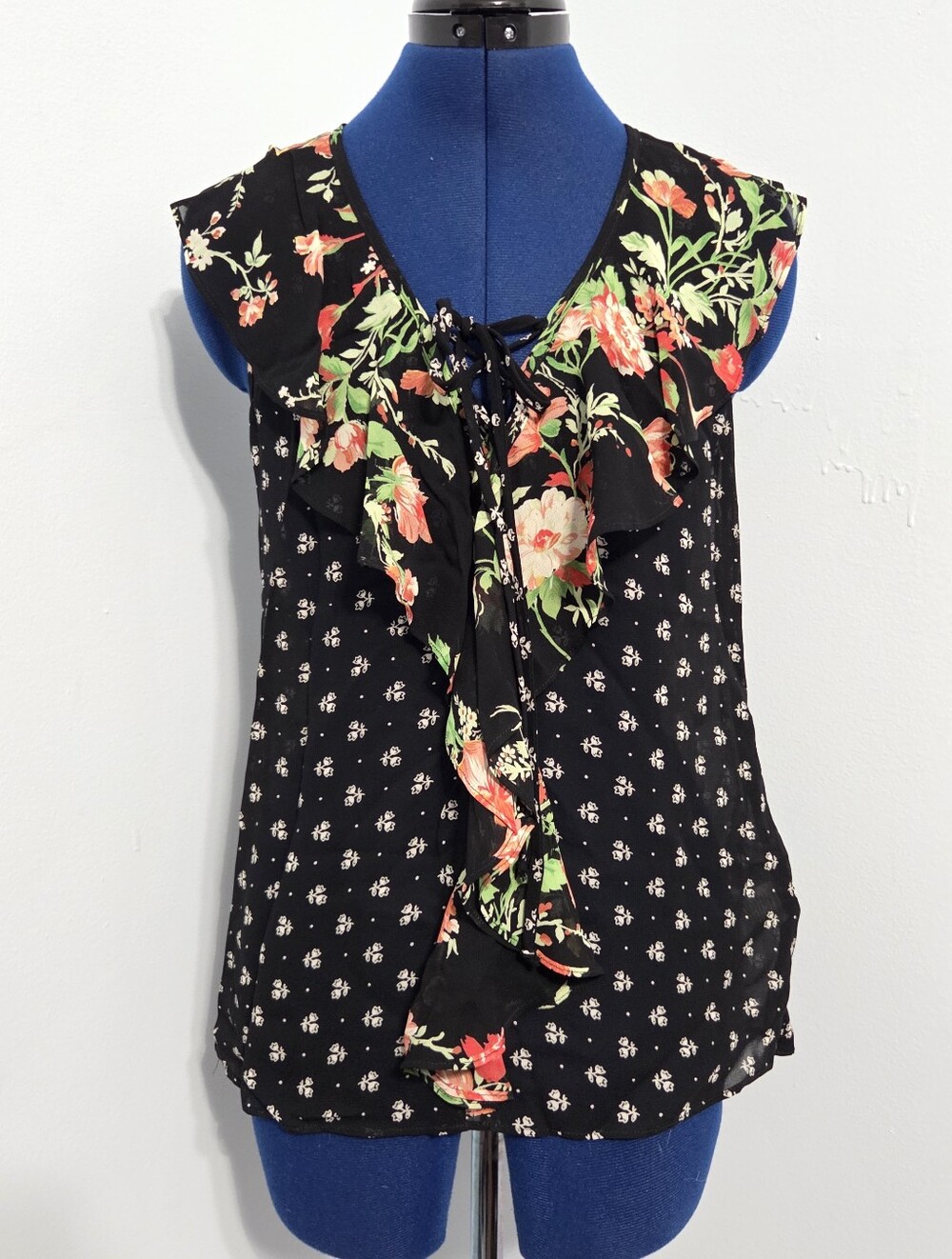 Black Sheer Floral Ruffle Tank Top